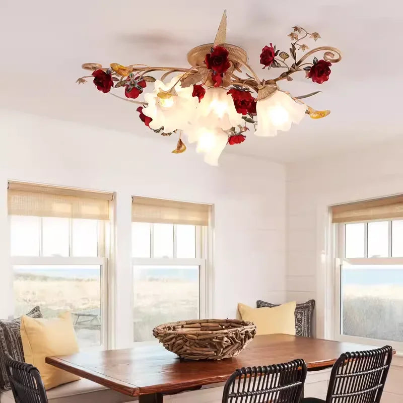Warm Romantic Retro LED Ceiling Lamp - American Pastoral Flower Chandelier for Living Room Bedroom