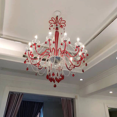 PLLY European Style Crystal Pendant Lamp - Red Candle Lamps for Living Space, Restaurant, or Villa