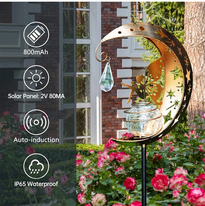 Moon Fairy Garden Solar Stake Lights Outdoor Crackle Glass Globe with Metal Angle Stake Decoration