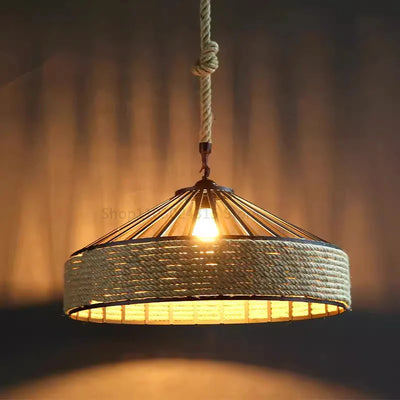 Classical Hemp Rope Pendant Hanging Lamp: Vintage Ceiling Chandelier with Antique Industrial Iron