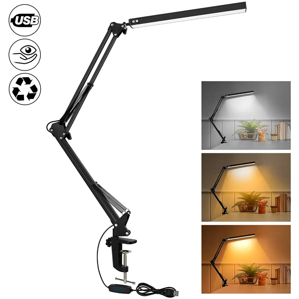 Modern LED Swing Arm Desk Lamp with Clamp - Dimmable Eye-Caring Light