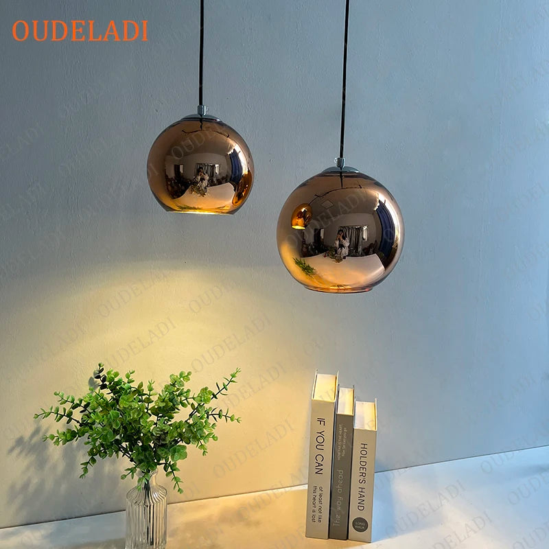 Vintage Loft Pendant Lights - Plated Copper, Gold, and Silver Glass Ball Hanging Lamps