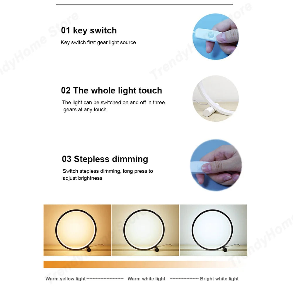 LED Circular Ring Table Lamp - Dimmable Night Light for Bedroom, Living Room, Restaurant, Hotel