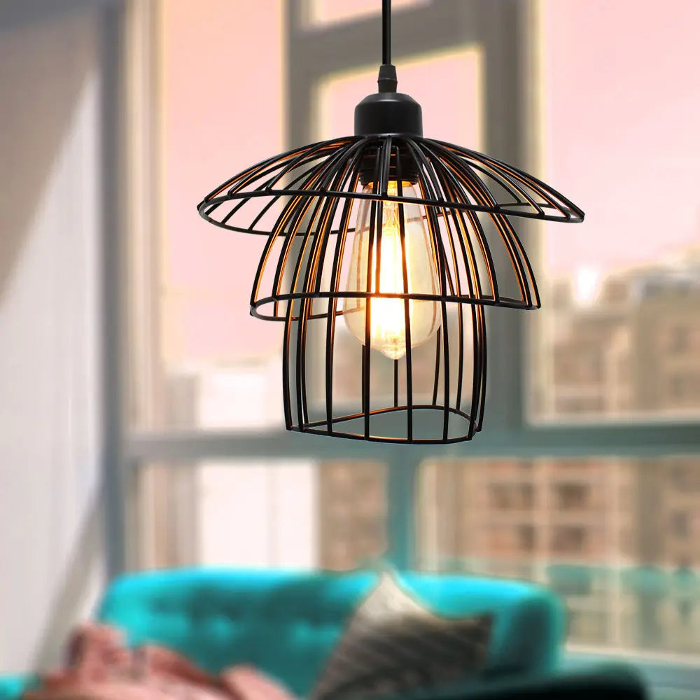 Double Vintage Cage Pendant Light (E27 Base) - Metal Hanging Lamp for Bedroom, Living Room & More