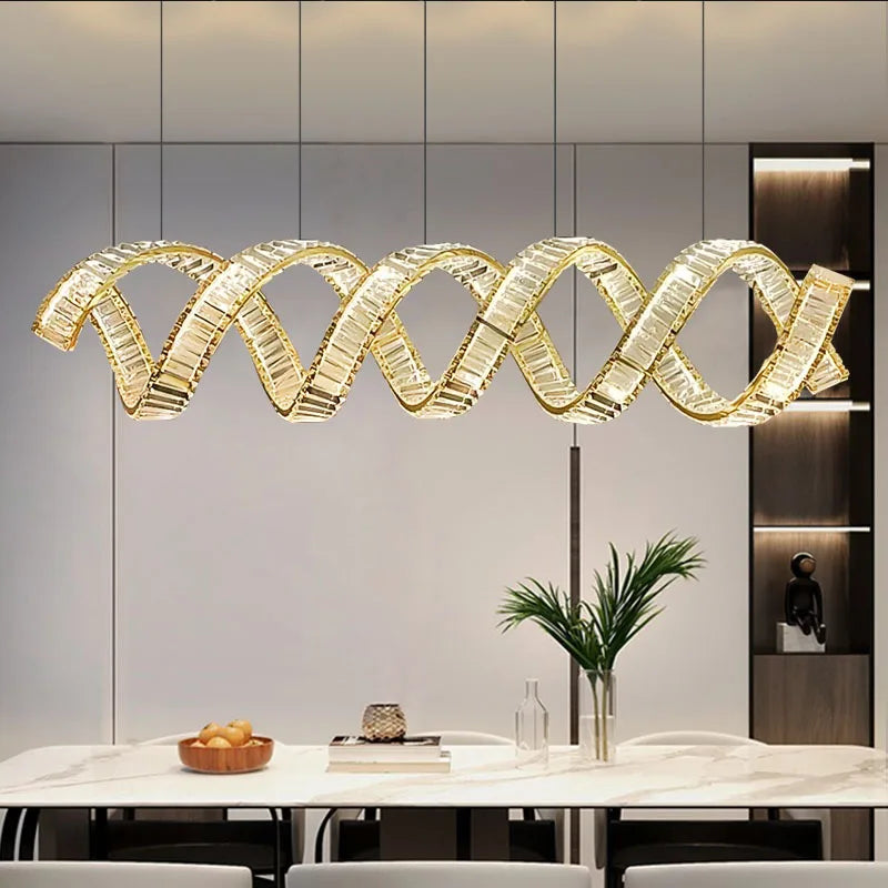 Modern Spiral Crystal Chandelier - Golden Luxury LED Pendant Lamp for Dining Room Decor