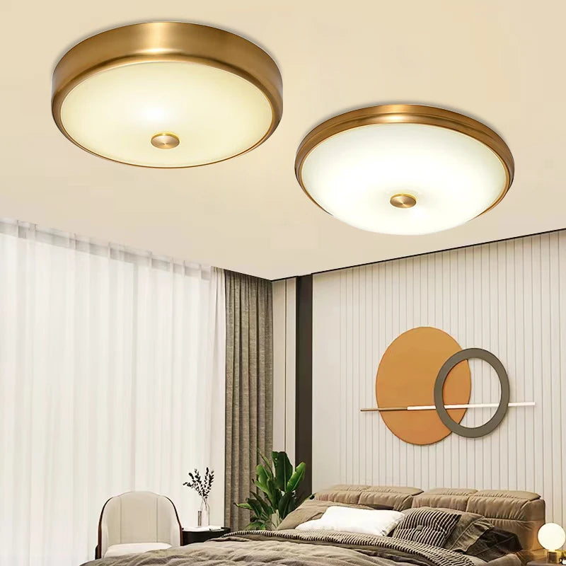 Modern Round Glass Shade Ceiling Light - LED Brass Lamp for Living Room, Bedroom, Restaurant