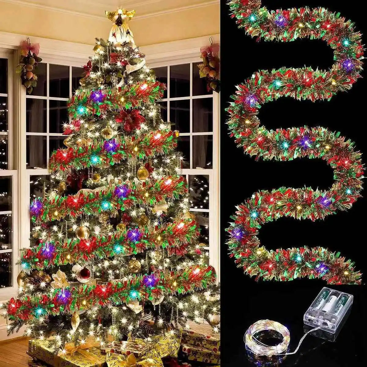 1PC LED Christmas Tinsel Garland Metallic Shiny Tree Decoration String Light for Home and Holiday Party Décor