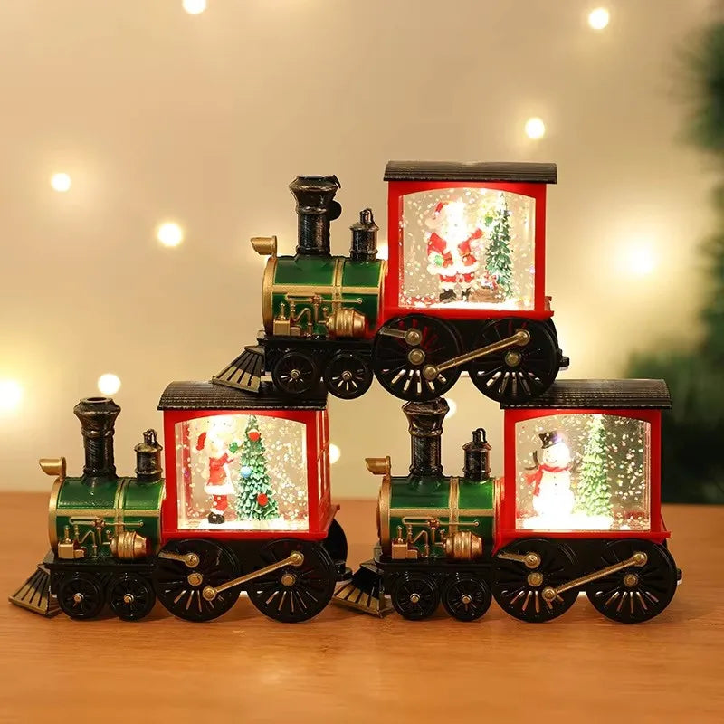 Santa Claus Snowman Christmas Music Box Train Crystal Ball Ornament with Sequins and LED Light for Holiday Home Decoration