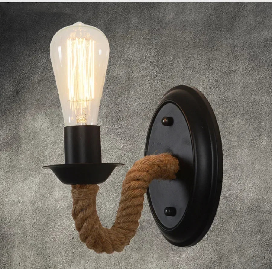 Rustic Wood Wall Lamp: Hemp Rope Sconce for Bedroom, Dining, or Hallway Décor