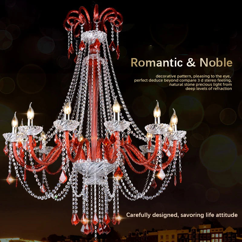 PLLY European Style Crystal Pendant Lamp - Red Candle Lamps for Living Space, Restaurant, or Villa