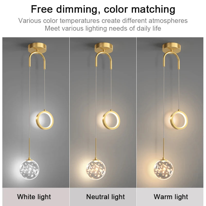 Modern Pendant Light Dimmable LED, E27 Base - Glass & Metal Hanging Lamp Black or Gold for Indoor Space