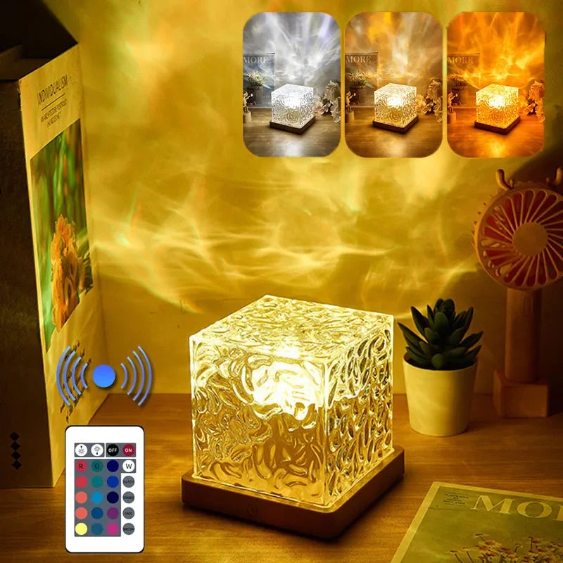 Dynamic Rotating Water Ripple Projector Night Light Flame Crystal Lamp