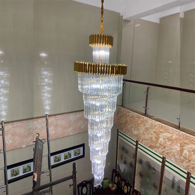Large Top Long Crystal LED Chandeliers - Hotel Hall Living Room Luxury Multi-layer Staircase Lighting, Black Stainless Steel Light