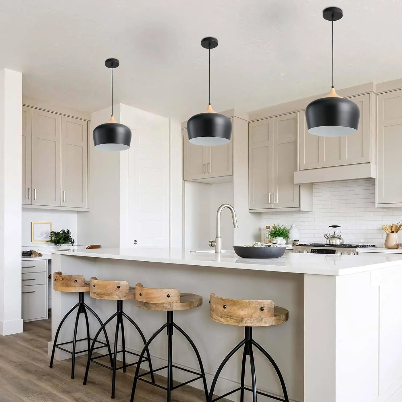 Modern Industrial Pendant Light - Adjustable Wood Ceiling Hanging Lamp for Kitchen Island, Dining Room,
