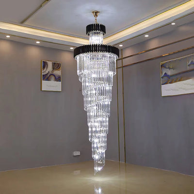 Large Top Long Crystal LED Chandeliers - Hotel Hall Living Room Luxury Multi-layer Staircase Lighting, Black Stainless Steel Light