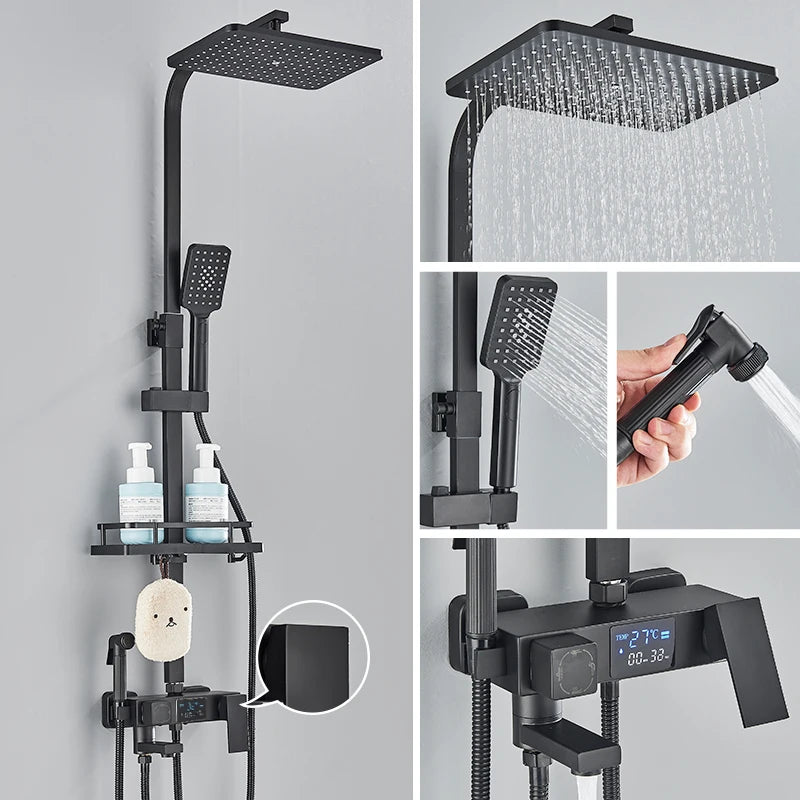 Black Digital Display Thermostatic Shower Faucet Set with Rainfall Shower and 4-Way Mixer