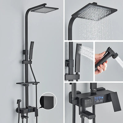 Black Digital Display Thermostatic Shower Faucet Set with Rainfall Shower and 4-Way Mixer