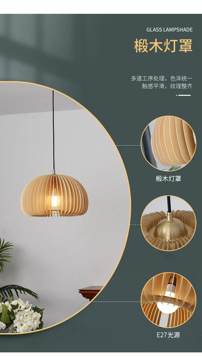 Modern Wood Pumpkin Pendant Light – Handcrafted Hanging Lamp for Dining and Bedroom