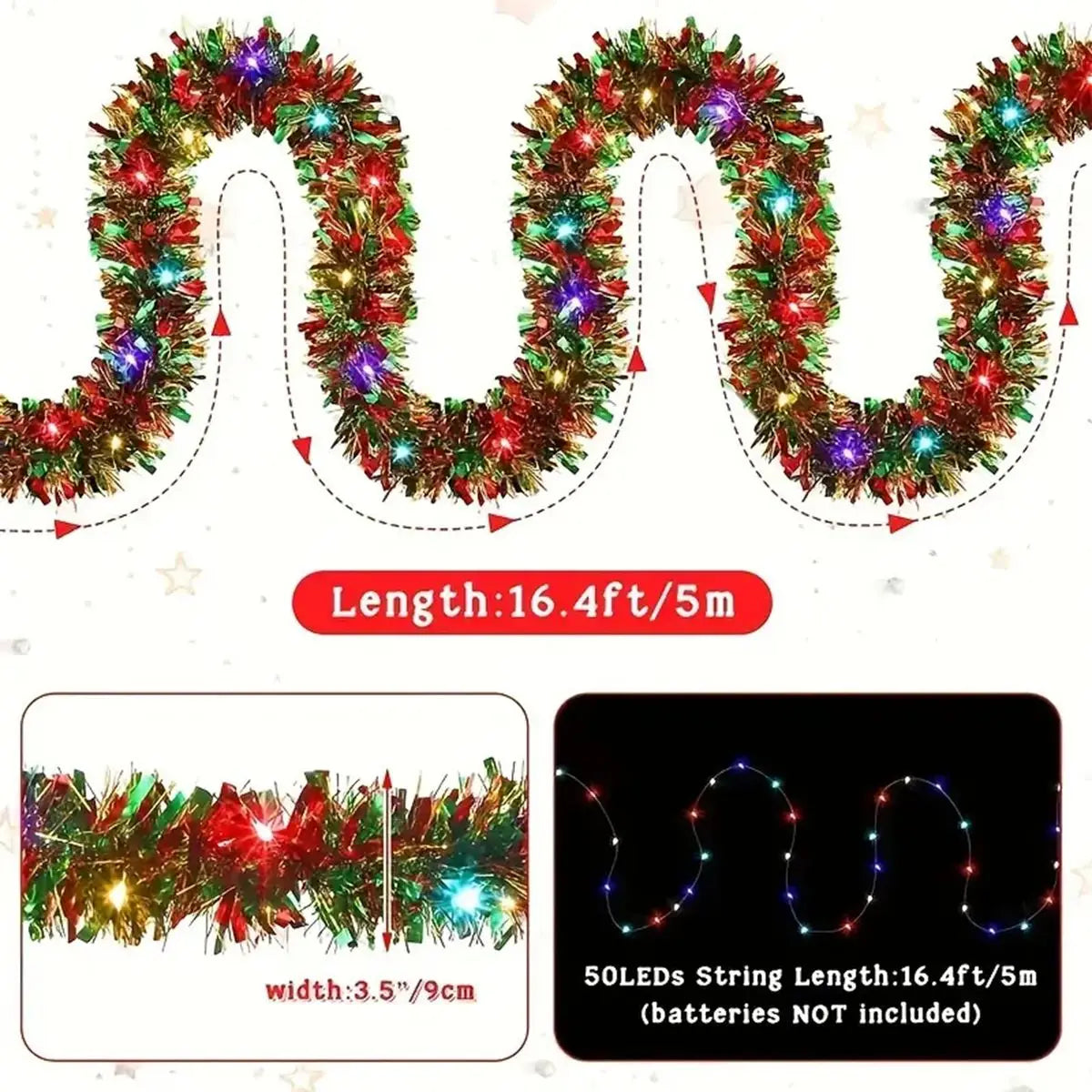 1PC LED Christmas Tinsel Garland Metallic Shiny Tree Decoration String Light for Home and Holiday Party Décor