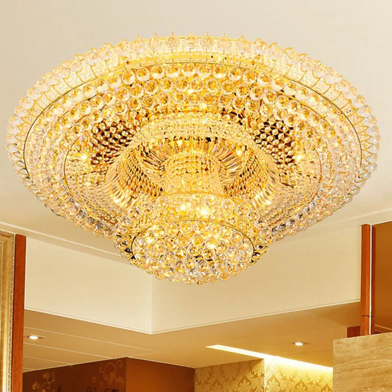 Continental Circular Golden Living Room Crystal Round LED Chandelier Hall Suspended Ceiling Lamp Remote Control Hotel Headlight