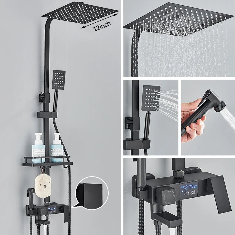 Black Digital Display Thermostatic Shower Faucet Set with Rainfall Shower and 4-Way Mixer