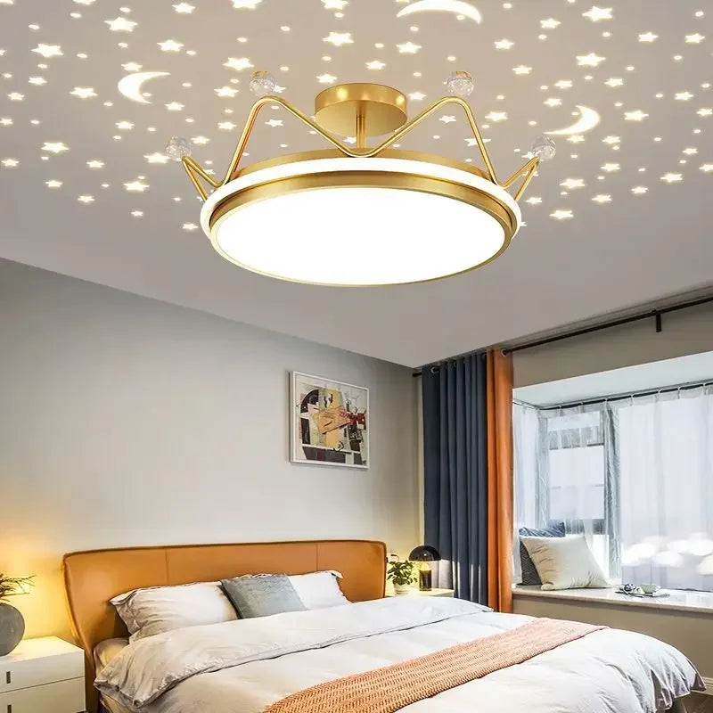 Crown LED Dimmable Ceiling Chandelier Star and Moon Lamp Pendant Children Boys Girls Bedroom Study Ceiling Lamp Room Decoration