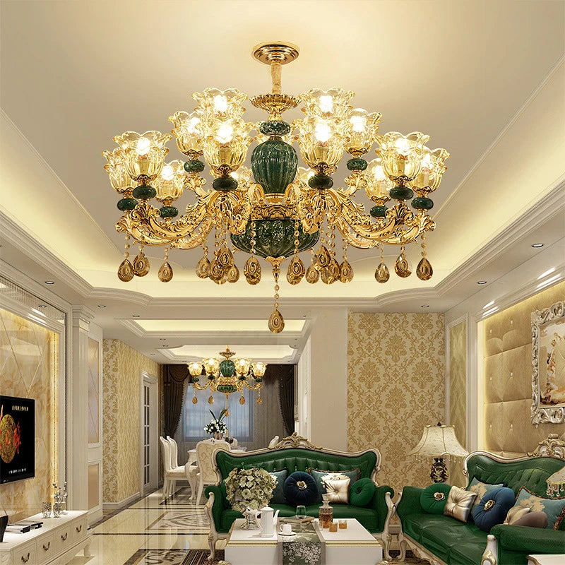 European Style LED Crystal Ceramic Retro Ceiling Chandelier for Living Room, Bedroom, Villa, or Duplex