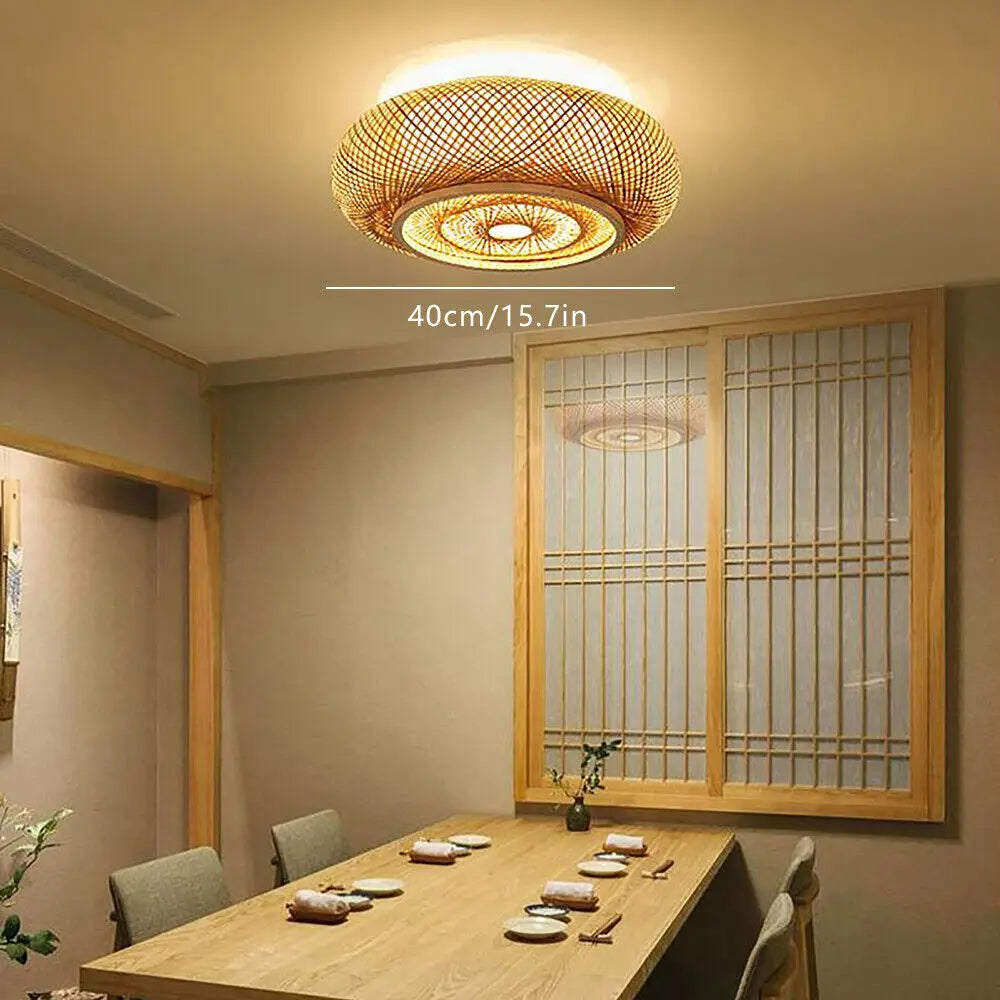 Flush Mount Bamboo Wicker Rattan Lantern Ceiling Light Fixture Asian Style Chandelier Art Pendant Lamp Home Decor