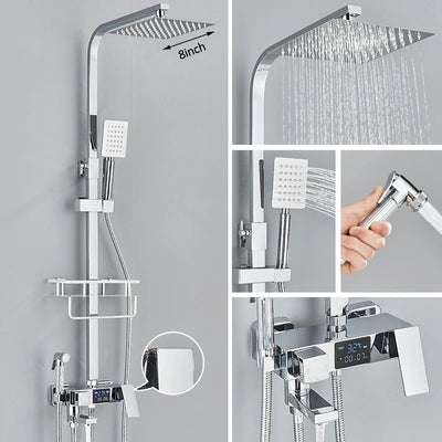 Black Digital Display Thermostatic Shower Faucet Set with Rainfall Shower and 4-Way Mixer