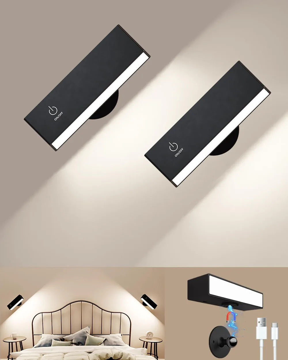 LED Rechargeable Wall Sconces Magnetic Bedside Lamps with 360° Rotation for Versatile Lighting