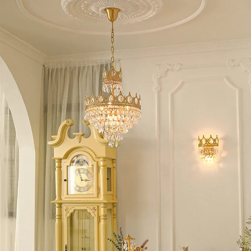 Modern Luxury LED Crystal Chandelier - French Vintage Golden Crown Pendant for Living Room, Bedroom, and Hallway