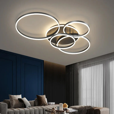 Modern 5 Ring LED Ceiling Chandelier Black, Gold, or White for Living Room, Bedroom, and Home Design Lighting