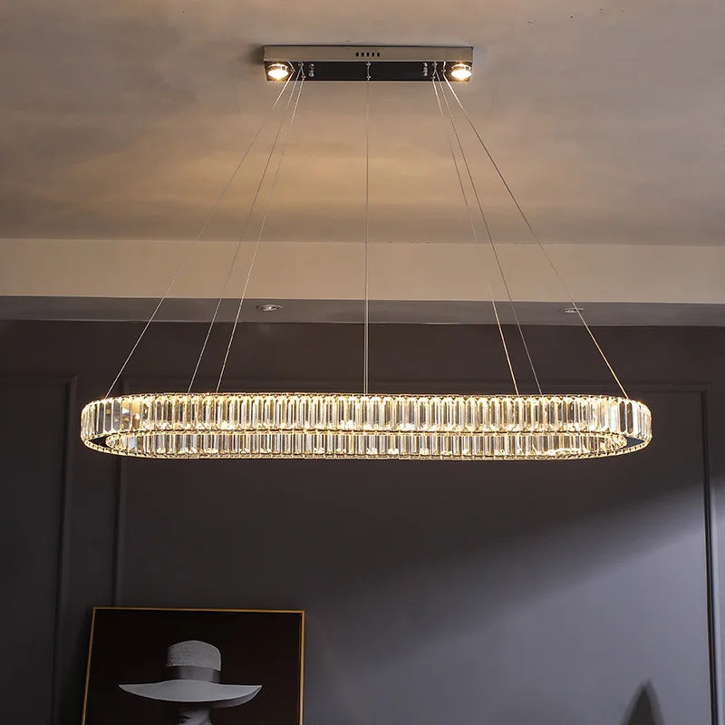 Modern Dimmable LED Pendant Light with Remote Control - Shiny Steel and K9 Crystal Droplight for Dining Table