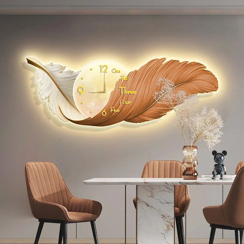 Creative LED Clock Wall Lamp - Elegant Feather Design for Living Room and Bedroom Decor