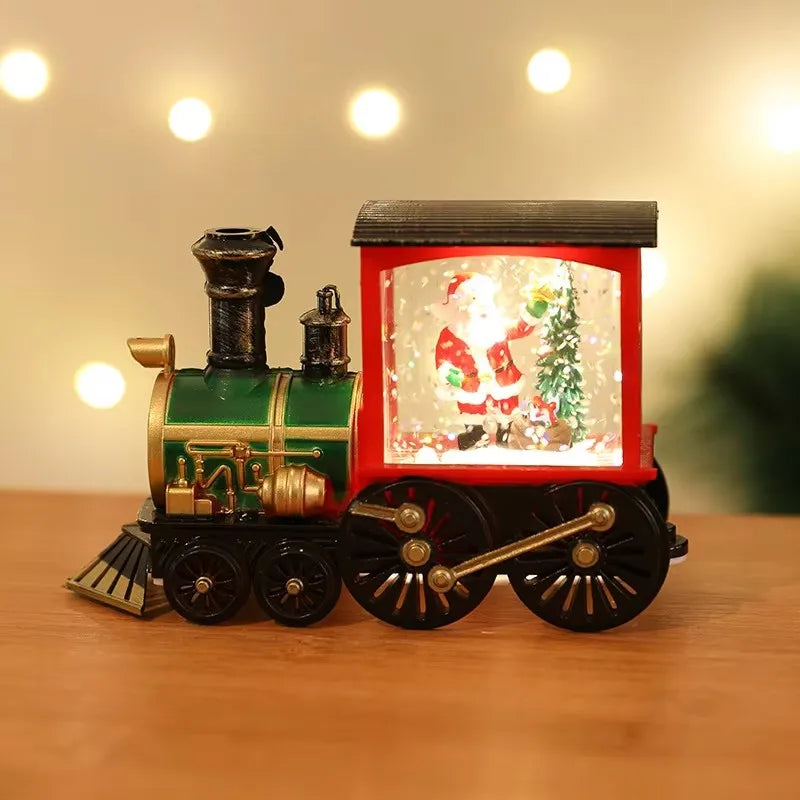 Santa Claus Snowman Christmas Music Box Train Crystal Ball Ornament with Sequins and LED Light for Holiday Home Decoration