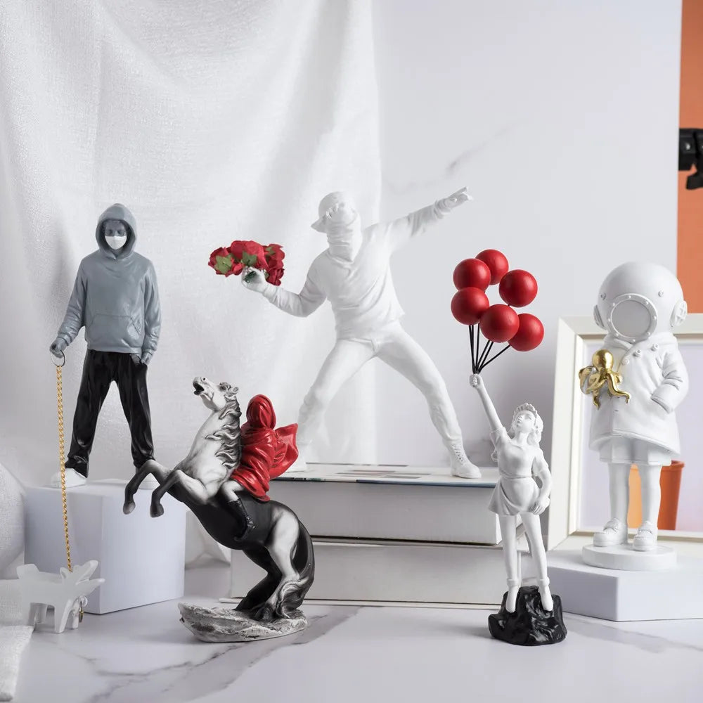 Banksy Sculpture Set – Flower Thrower & Balloon Girl Resin Decor for Home & Office