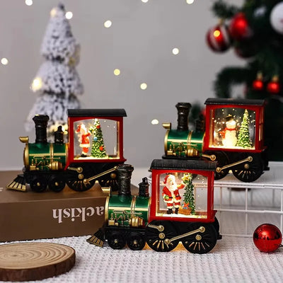 Santa Claus Snowman Christmas Music Box Train Crystal Ball Ornament with Sequins and LED Light for Holiday Home Decoration