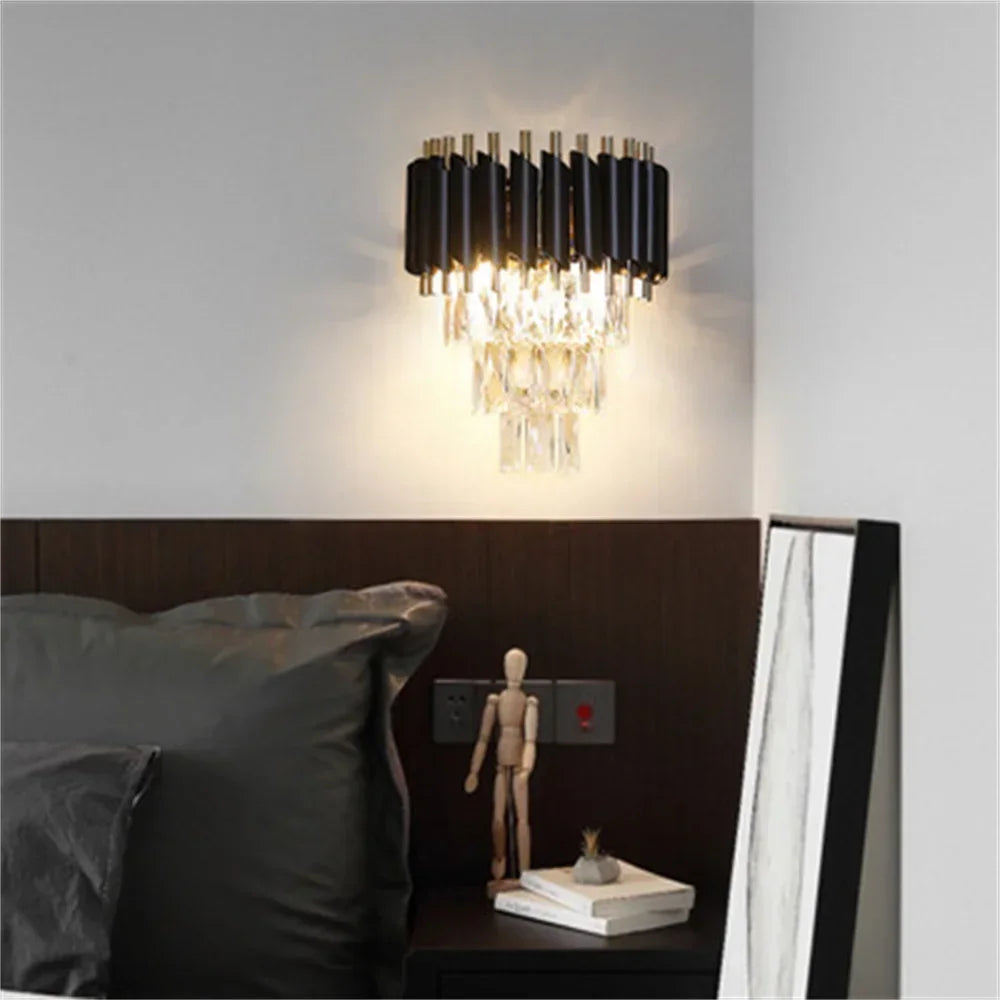 Contemporary Modern Black Crystal Wall Sconce - Elegant Illumination for Every Space, E14 Bulbs, 90-260V