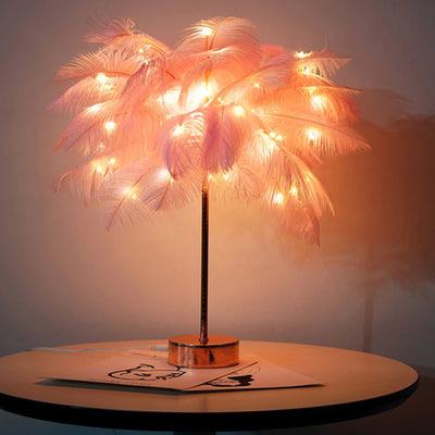 LED Feather Table Lamp Night Light USB Operated Remote Control Bedside Lamps