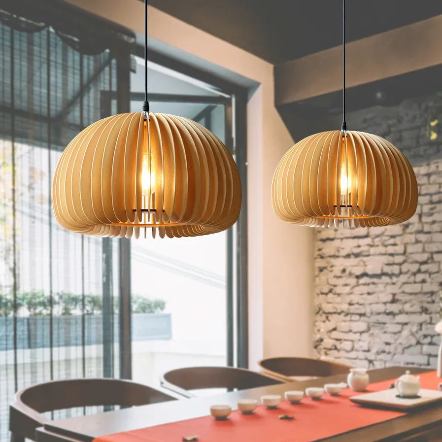 Modern Wood Pumpkin Pendant Light – Handcrafted Hanging Lamp for Dining and Bedroom