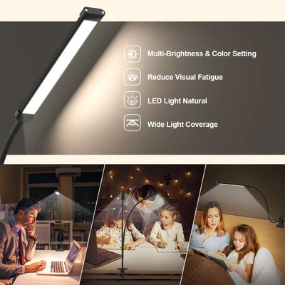 Flexible LED Desk Lamp with Clamp - Dimmable Clip-On Reading Light for Study Table