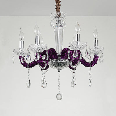 Deluxe Retro Blue Crystal Chandelier with Noble Purple Flannelette Shade - LED 6 Head Pendant Lamp for Villa and Wedding Lobbies