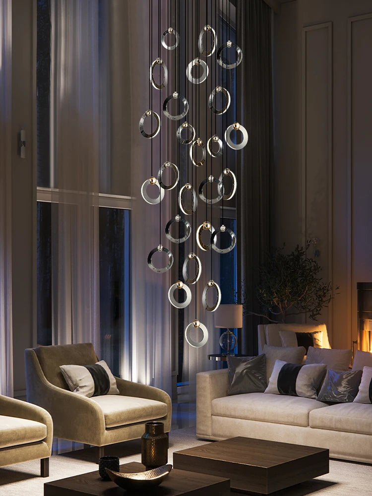 Modern LED Staircase Chandelier - Elegant Ceiling Pendant Lamp for Living Room, Hotel, and Villa Lobby