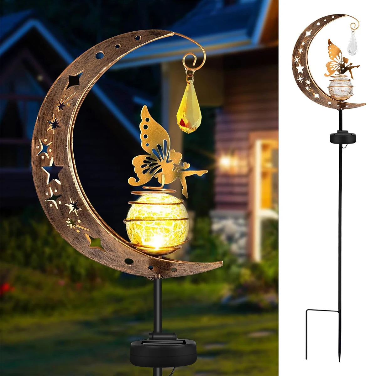 Moon Fairy Garden Solar Stake Lights Outdoor Crackle Glass Globe with Metal Angle Stake Decoration