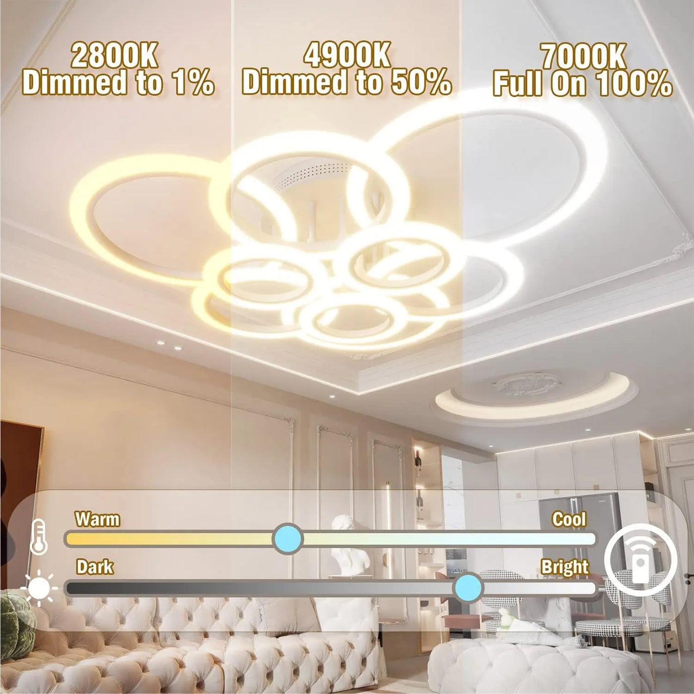 Creative Ring LED Ceiling Light Dimming Chandelier with Smart Remote Control for Daily Living Room Lighting Fixtures