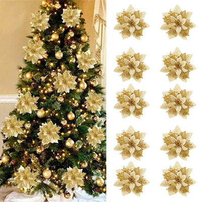 5/10pcs Glitter Artificial Christmas Flowers 14.5cm Pink Red Gold Poinsettia Ornaments for Tree and Home Decoration