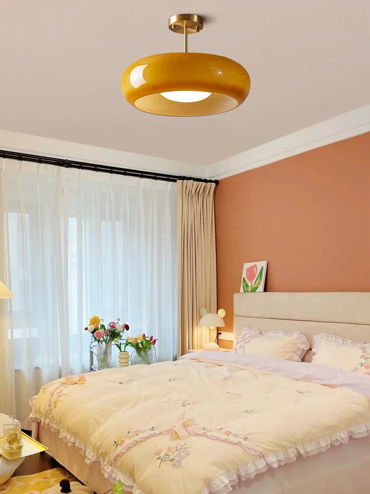 Nordic Modern Yellow Glass LED Pendant Light – 40W Copper Fixture for Bedrooms and Living Rooms