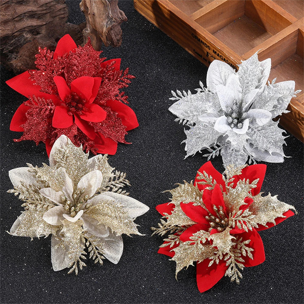 5/10pcs Glitter Artificial Christmas Flowers 14.5cm Pink Red Gold Poinsettia Ornaments for Tree and Home Decoration
