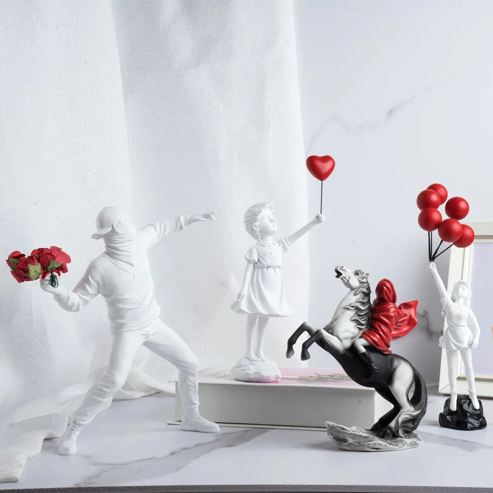 Banksy Sculpture Set – Flower Thrower & Balloon Girl Resin Decor for Home & Office