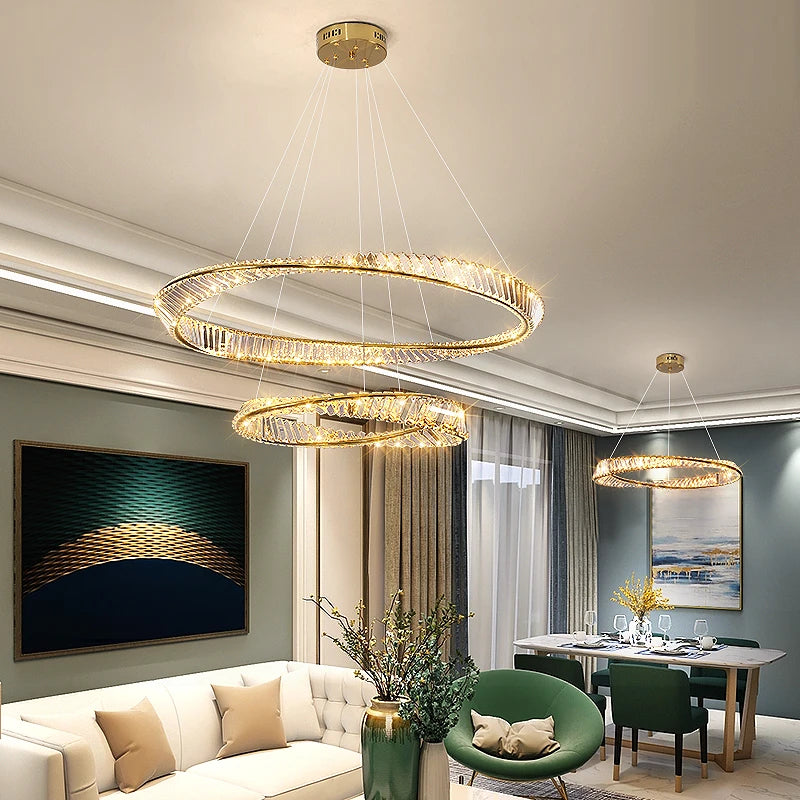 Luxurious Crystal Chandelier, Modern Circular Design LED Lighting for Living Room, Bedroom, and Dining Room.